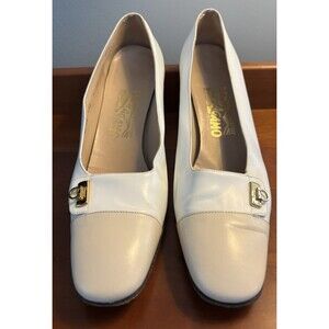 salvatore ferragamo, vintage white/tan heels, size 8.5‎
